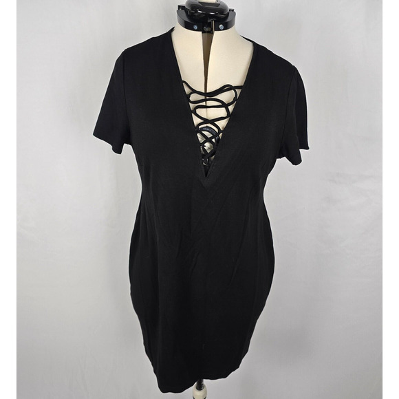 Forever 21 Dress Women's 2X Black Short Sleeve Lace Up V-Neck Bodycon - Picture 1 of 16